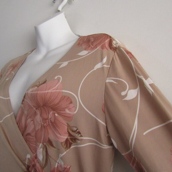 Spiegel Vintage Wrap Dress 12 Tan & Pink Floral Romantic Feminine Classic - Picture 5 of 10